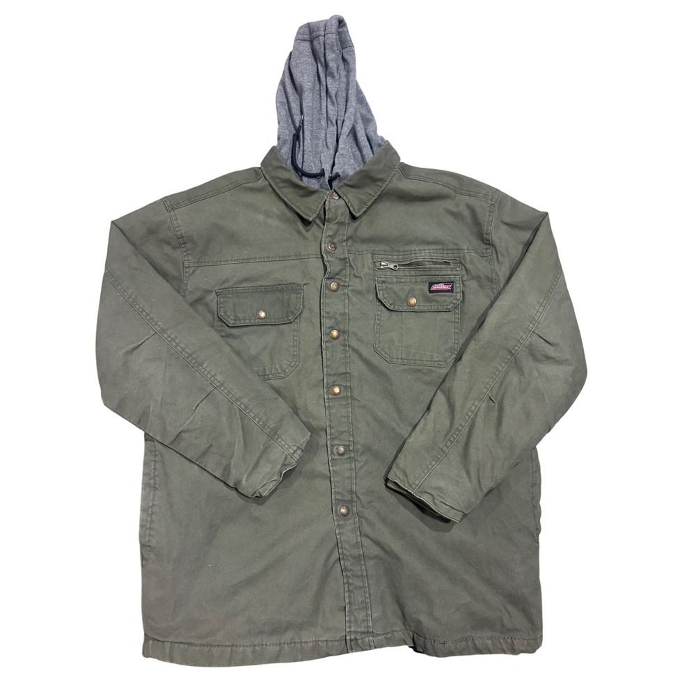 Dickies Mens XL Olive Green Quilted Lined Hooded Canvas Shirt Jacket RN123187